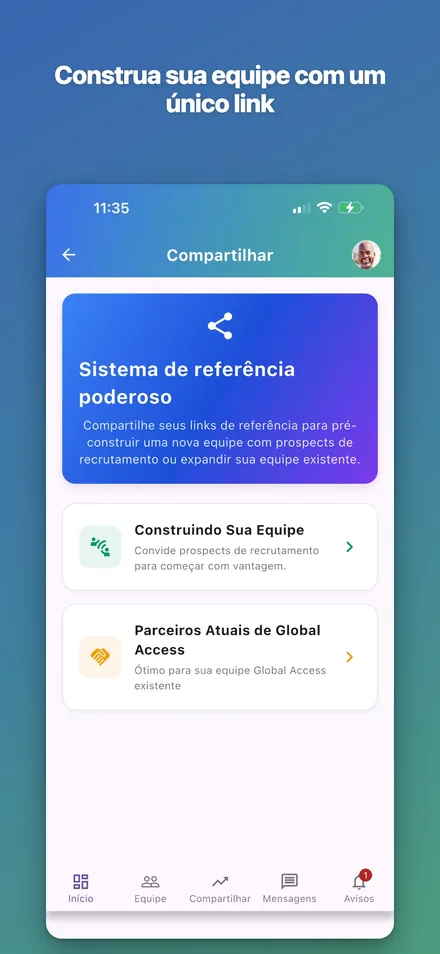 Central de compartilhamento: um link constrói a equipe